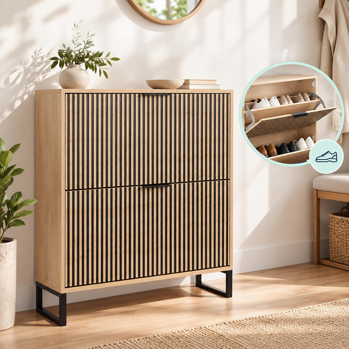 BOTNÍK prírodná čierna 2-výklopný MDF - svetlohnedá, kov/kompozitné drevo (80/96/24cm) - Relaxdays