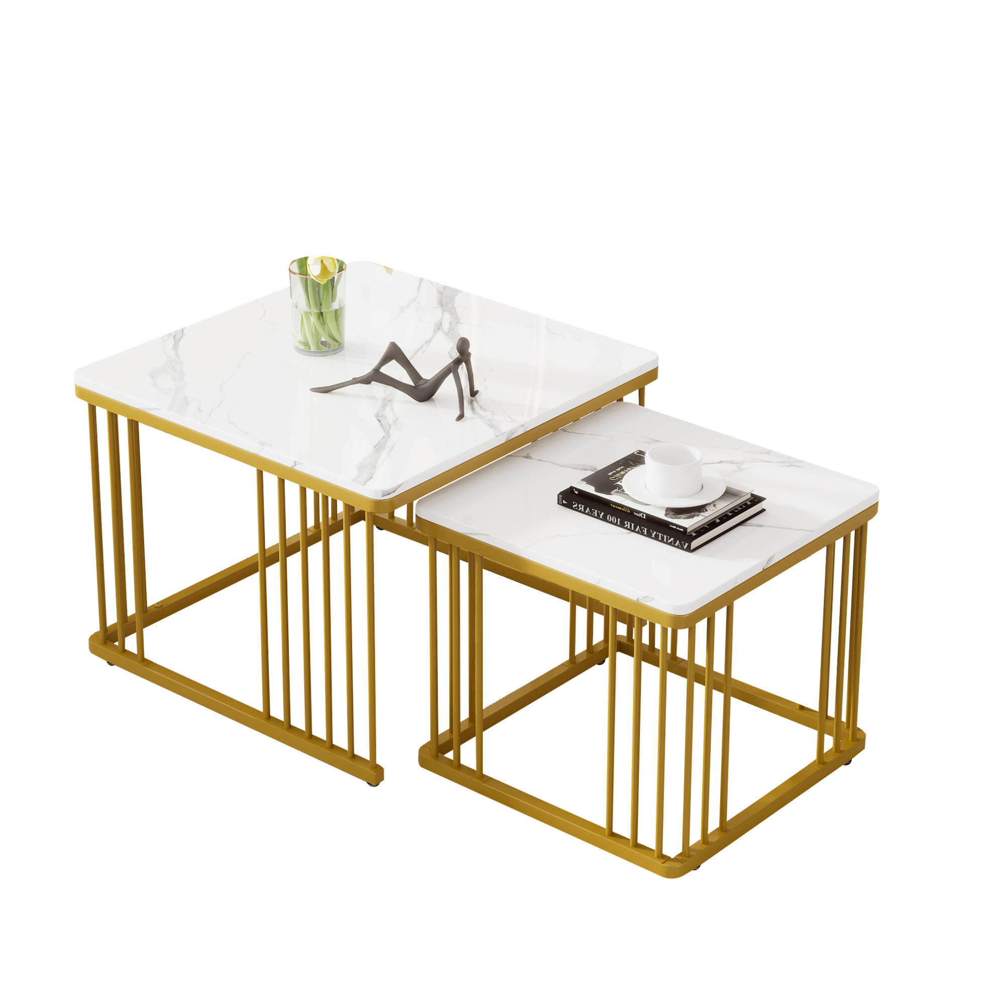 COUCHTISCH-SET 2-teilig, Marmoroptik Hochglanz, ineinander schiebbar, 60/60/45 + 45/45/40 cm, Weiß - Weiß, Holzwerkstoff (60/60/45cm) - Redom
