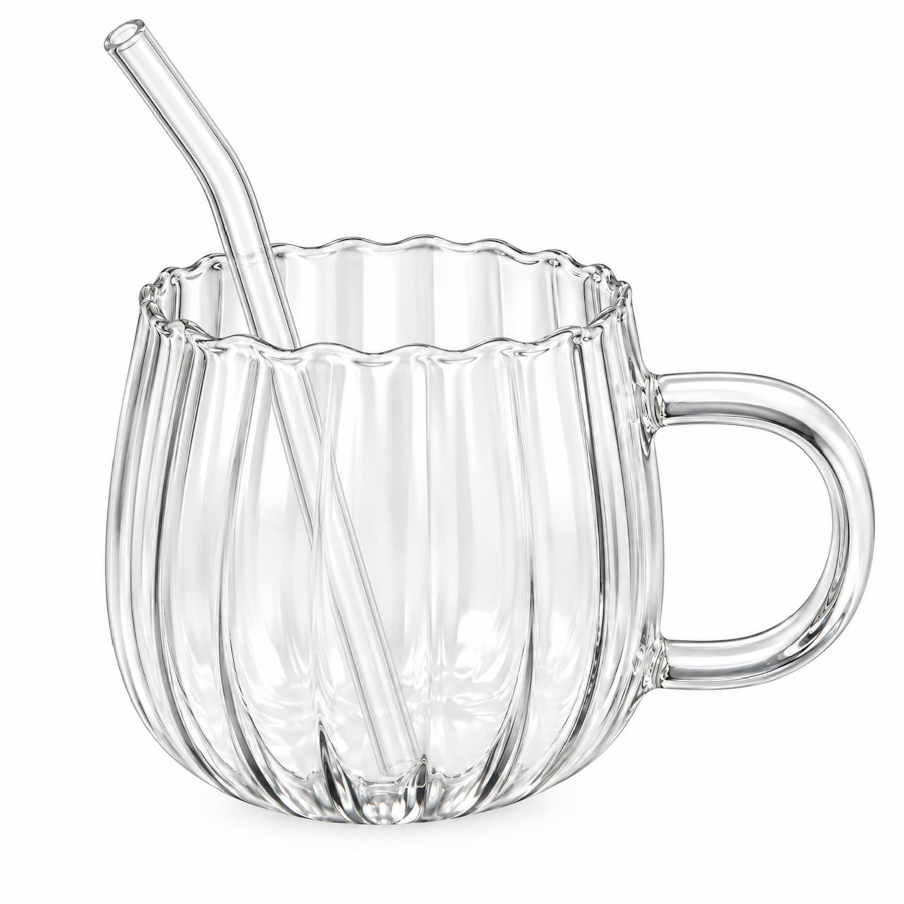 GLÄSERSET Pumpkin geriffelt 350 ml + 6 Trinkhalme aus Glas - Transparent, Glas - Mulex