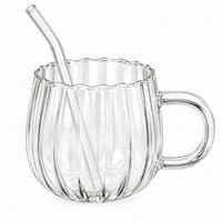 GLÄSERSET Pumpkin geriffelt 350 ml + 6 Trinkhalme aus Glas - Transparent, Glas - Mulex