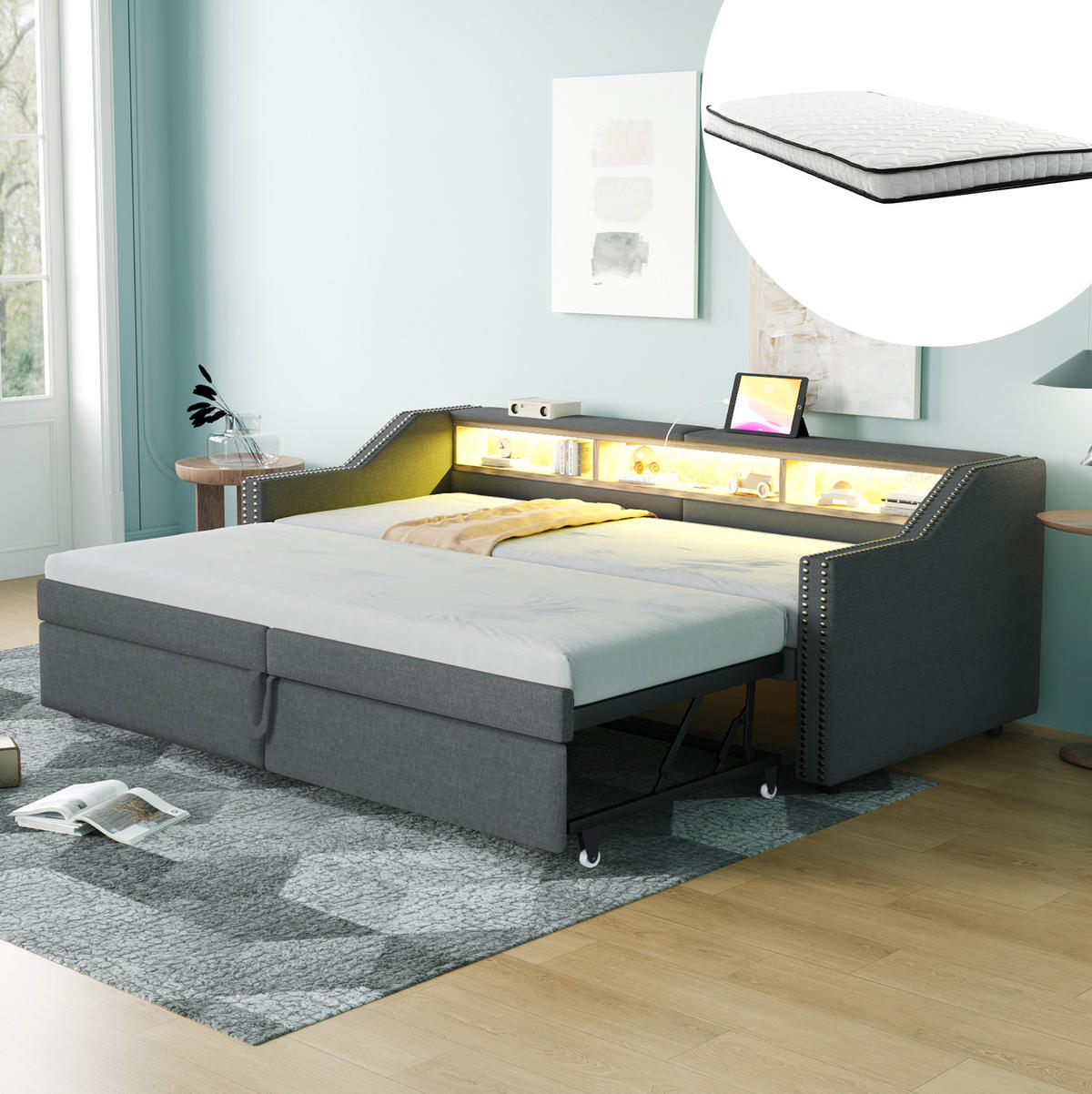 MULTIFUNKTIONSBETT 90/200 cm und 180/200 cm Dunkelgrau mit USB-Anschluss und LED-Beleuchtung Mit Matratze - Dunkelgrau, Textil (90/190cm) - OKWISH