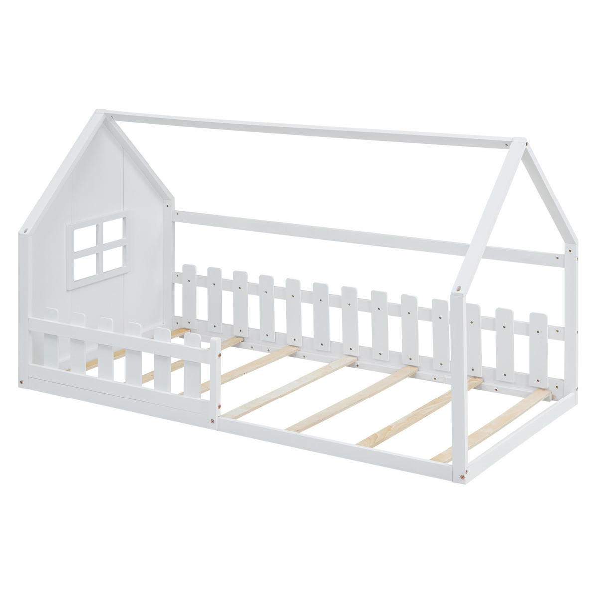 HAUSBETT aus Kiefer und MDF 90x200 cm Weiß in Hausform mit Lattenrost und kreativem Design - Weiß, Holzwerkstoff (90/200cm) - Modfu