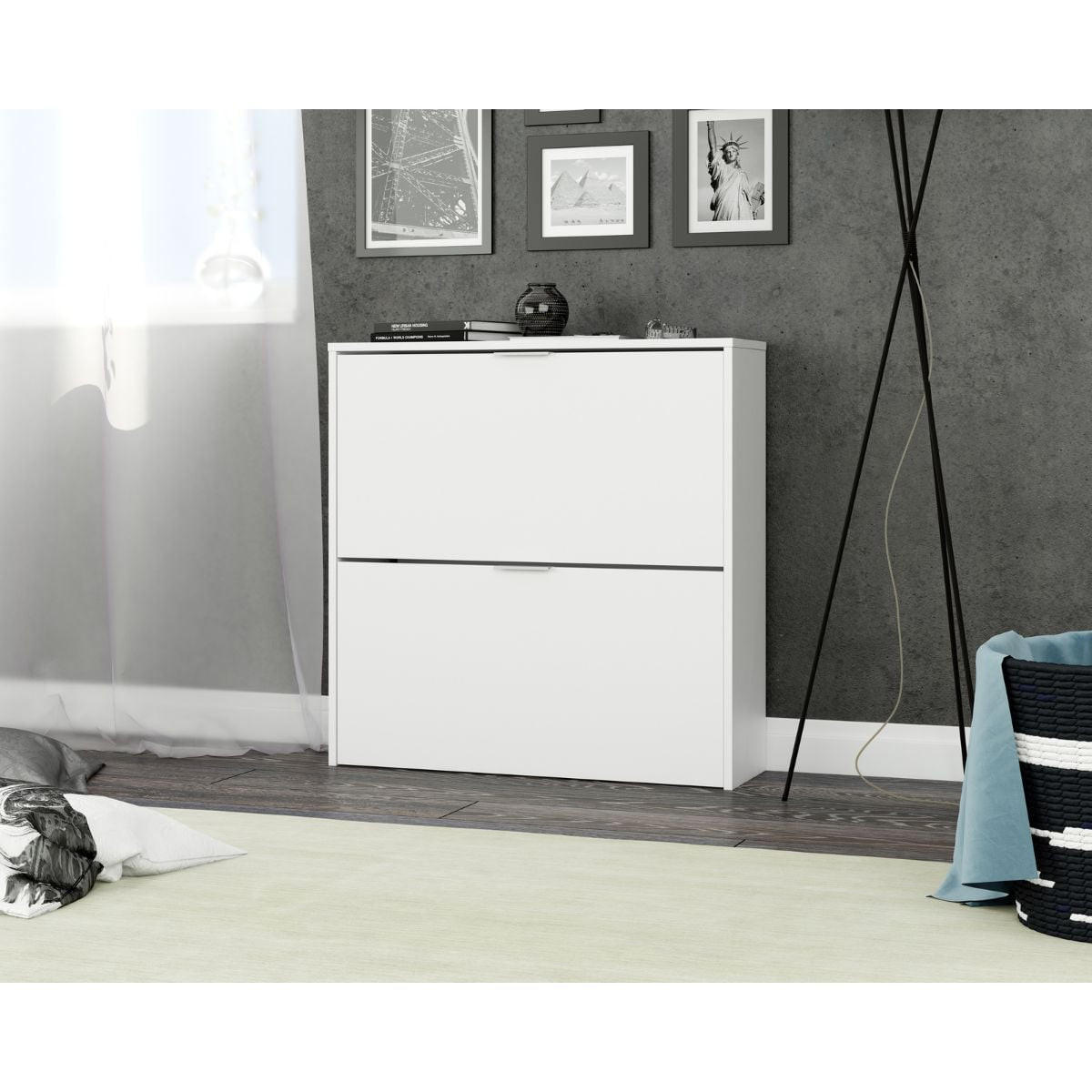 SCHUHSCHRANK 2 Klappen Zapateros - L75 cm - Weiß, Holzwerkstoff (22/76/41cm) - Calicosy