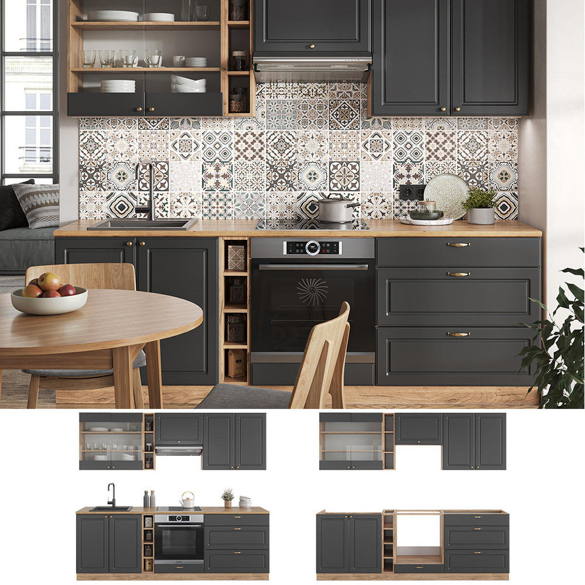 KÜCHENZEILE Fame-Line Anthrazit Landhaus/Goldkraft Eiche 235 cm AP Marmor - Honigeiche/Dunkelgrau, Holzwerkstoff (235/81.6/60cm) - Vicco