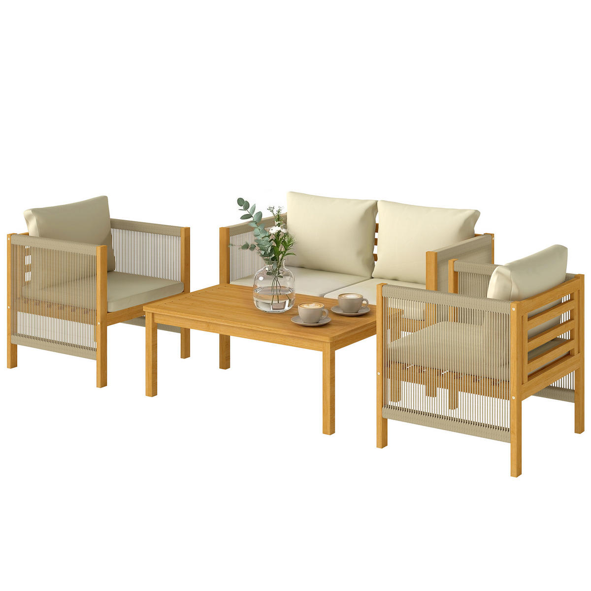 GARTENSET DE-13511 4-teilig mit Akazienholz & Seil Natur - Beige, Holz - ComfortXL