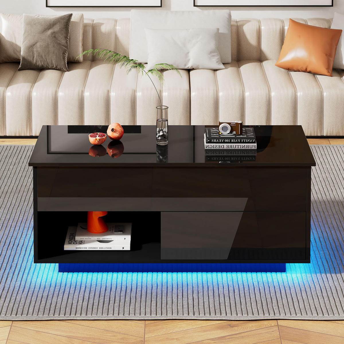 COUCHTISCH in Schwarz Wohnzimmertisch mit Liftfunktion, Stauraum und LED, B100/T50/H70.5cm - Schwarz, Holzwerkstoff (50/100/70.5cm) - STILVORA