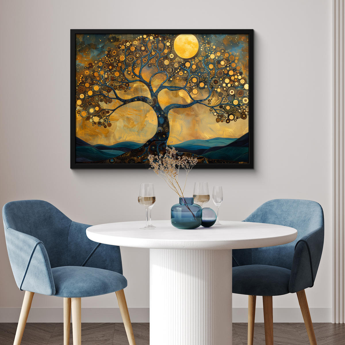 POSTER MIT RAHMENGERAHMTES BILD Baum - Mond - Blumen - Gold - Kunst 80x60 cm - Orange, Papier (80/60cm) - MuchoWow