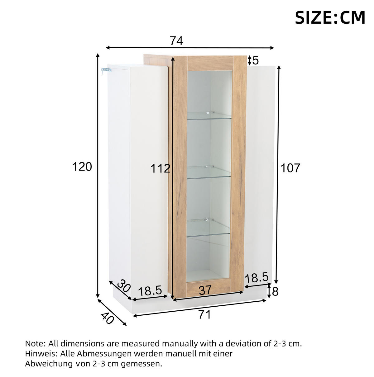 VITRINA 74/40/120 cm, bela/naravna, z LED in prosojnimi vratci - bela, leseni material (74/120/40cm) - BEAOK