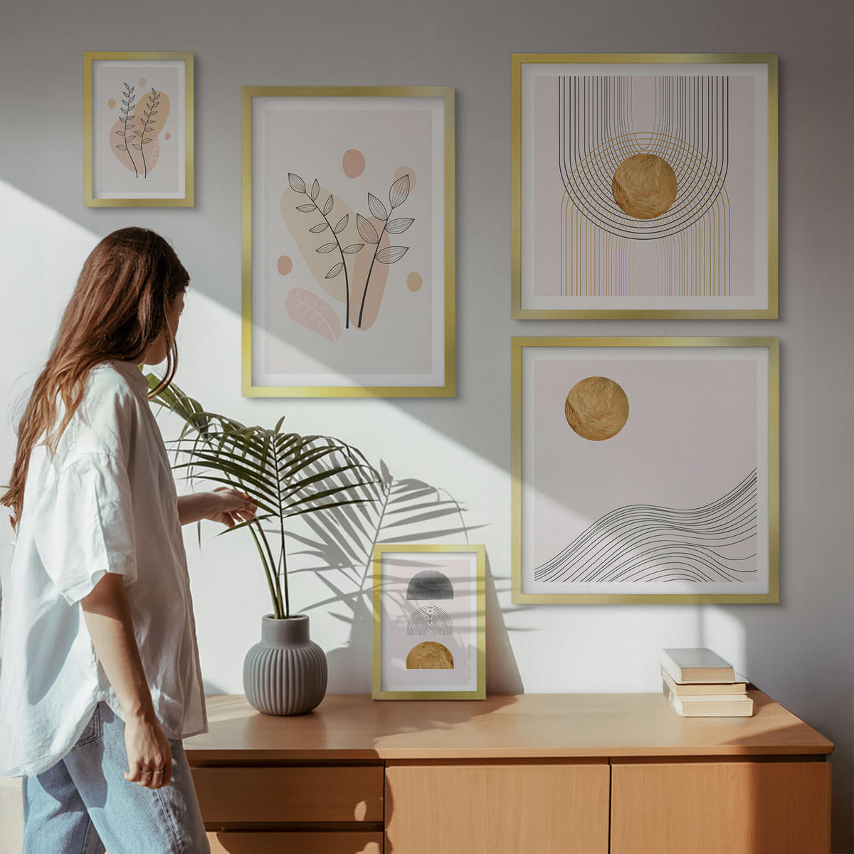 WANDBILDER 5er Set - 50x50 cm & 20x30 cm & 40x60 cm Goldrahmen - Berge, Wasserfälle, Vögel, Blumen - Goldfarben, Kunststoff (40/60cm) - ArtPrintCave