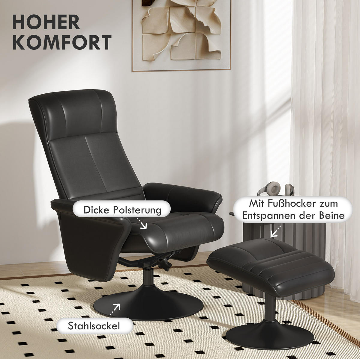 RELAXSESSEL 69/71/104 cm mit Hocker und 360°-Drehfunktion - Schwarz, Textil (71/104/69cm) - BEAOK