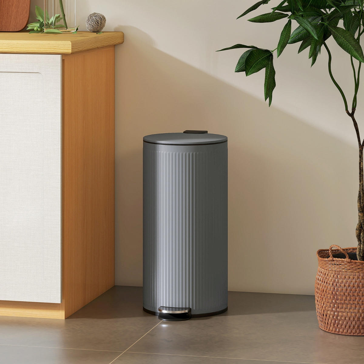 MÜLLEIMER Küche 30L 36/30/60,5 cm Metall Grau mit PEDAL und SOFT-CLOSE - Grau, Metall (30/60.5/36cm) - Rolipo