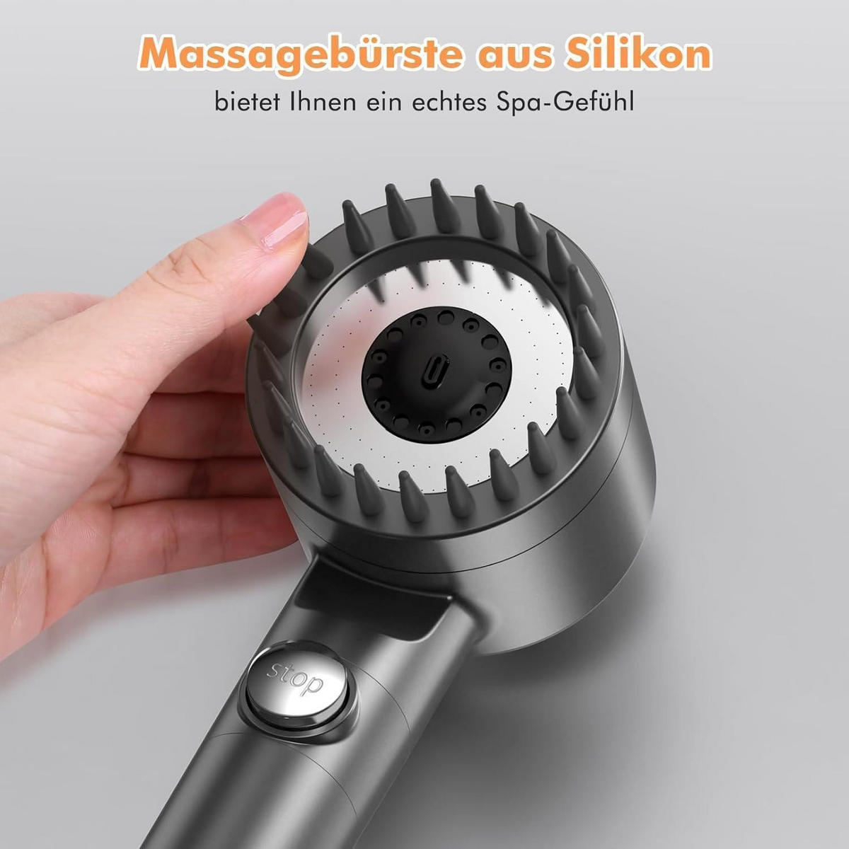 HANDBRAUSE mit 15-Schicht-Filter und 3+1 Strahlarten, 1,5 m Schlauch, Grau - Grau, Kunststoff (9/12.7/27cm)