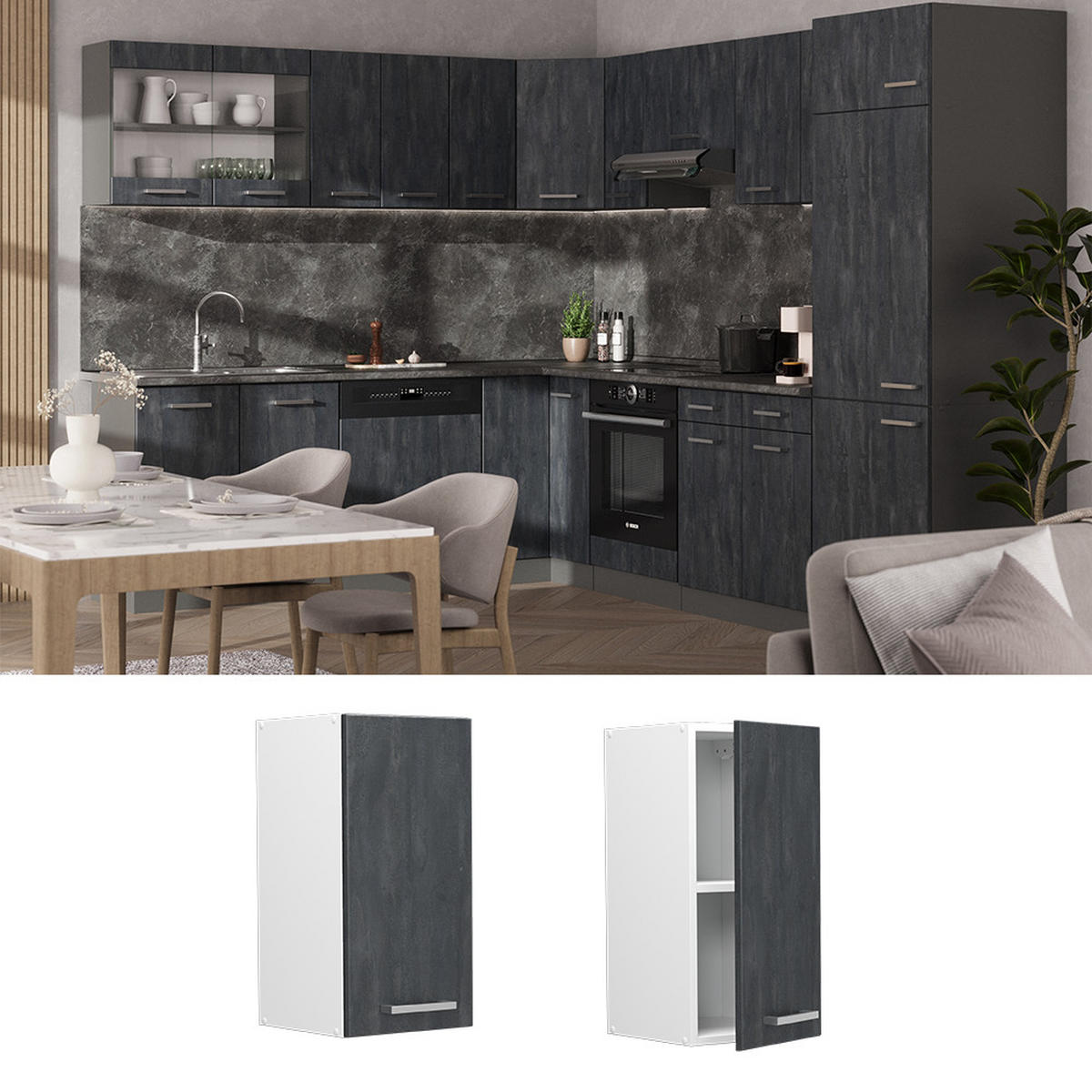 HÄNGESCHRANK R-Line Schwarz Beton 30 cm - Schwarz/Weiß, Holzwerkstoff (30/60/31cm) - Vicco