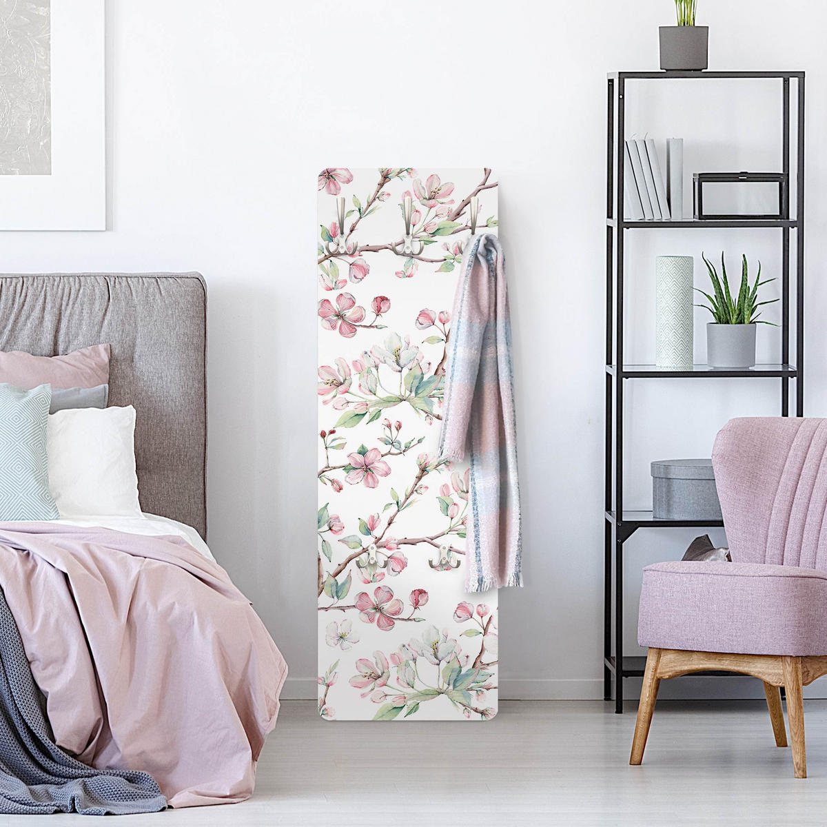 WANDGARDEROBE - Aquarell Zweige von Apfelblüten in Rosa und Weiß 34/105 cm - Weiß, Holzwerkstoff (34/105/1.6cm) - Bilderwelten