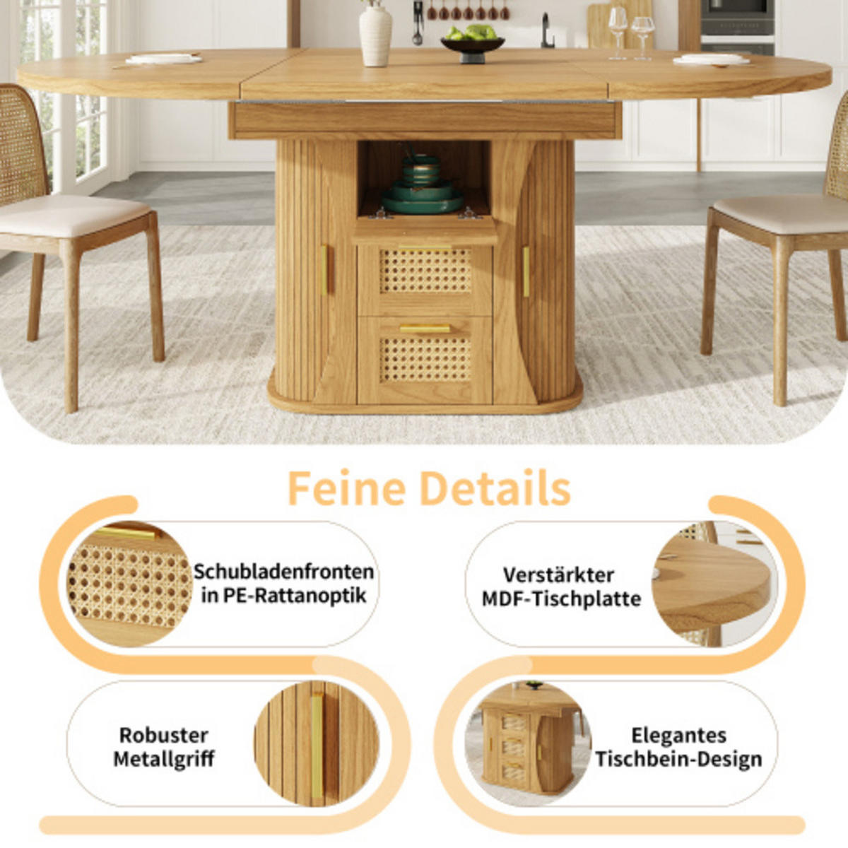 ESSTISCH Ausziehbarer 118-158×118×77,1 cm aus MDF und Metall mit Rattan-Schubladen, naturfarben - Naturfarben, Holzwerkstoff (158/118/77.1cm) - Luhomfu