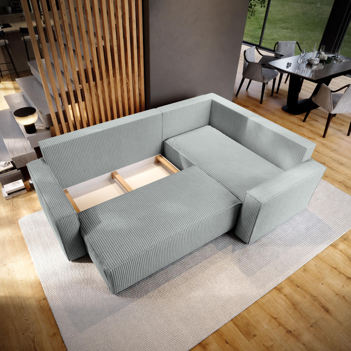 ECKSOFA ESTANO R-S Schwarz Kordstoff mit Schlaffunktion - Schwarz, Holz (230/158cm) - MASSENO