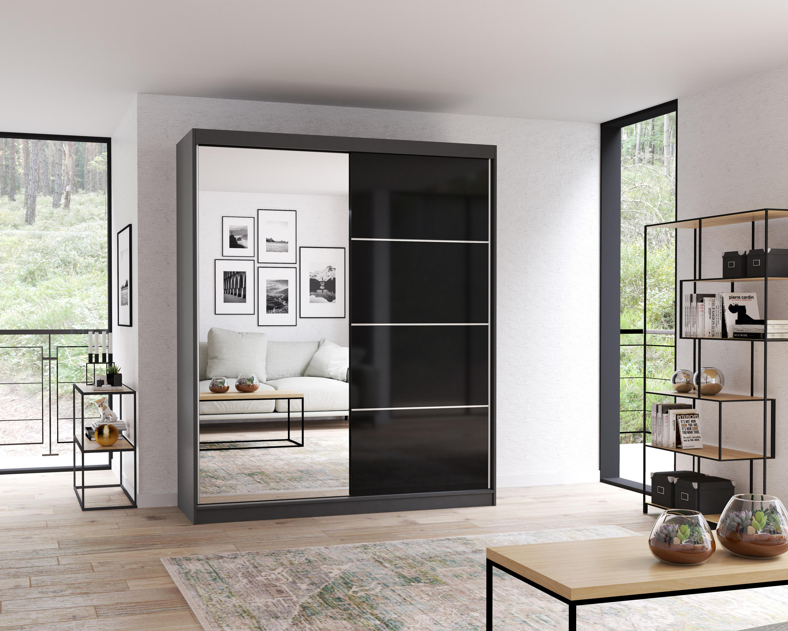 SCHWEBETÜRENSCHRANK Multi 31 Grau/Schwarz + Spiegel 183 cm - Schwarz/Alufarben, Glas/Holzwerkstoff (183/218/61cm) - imoebel24