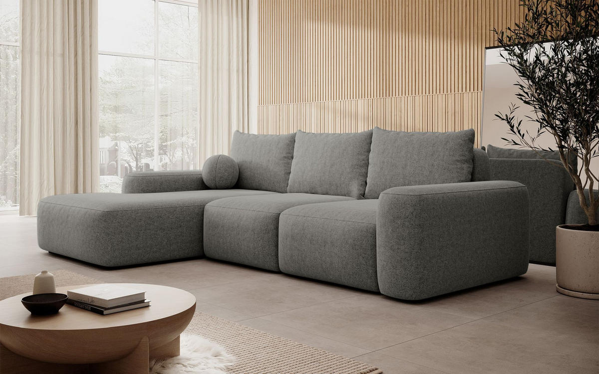 ECKSOFA Carnos mit Ballkissen, Dunkelgrau Chenille, linksseitig - Dunkelgrau/Schwarz, Kunststoff/Textil (264/162cm) - Selsey