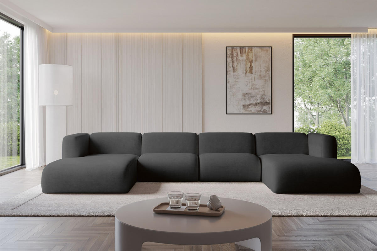 WOHNLANDSCHAFT MIRA-U2 408x179x70 Schwarz Velours - Anthrazit/Schwarz, Holzwerkstoff/Kunststoff (408/70/179cm) - ALTDECOR