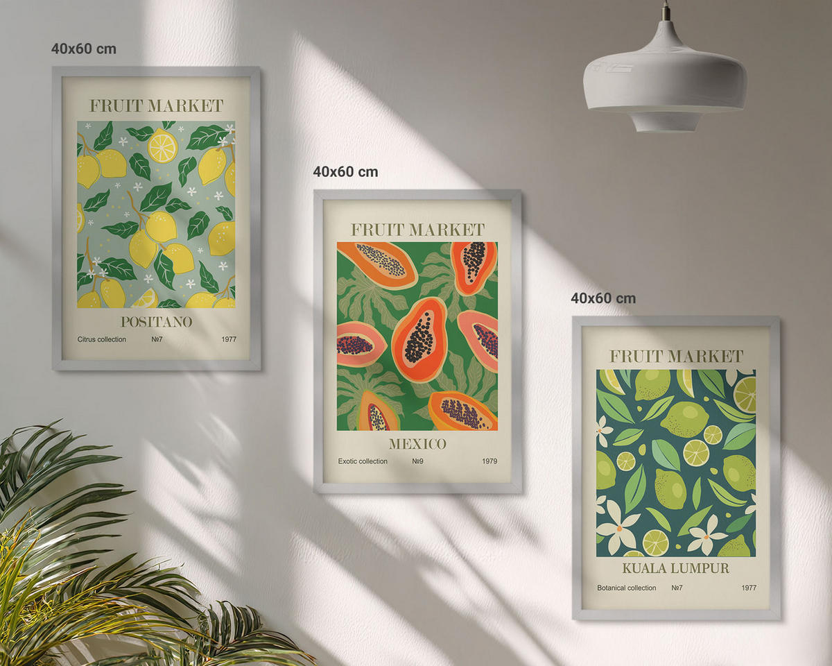 WANDBILDER 3er Set - 40x60 cm Silberner Rahmen - Fruchtige Zitronen- und Papayamuster - Silberfarben, Kunststoff (40/60cm) - ArtPrintCave