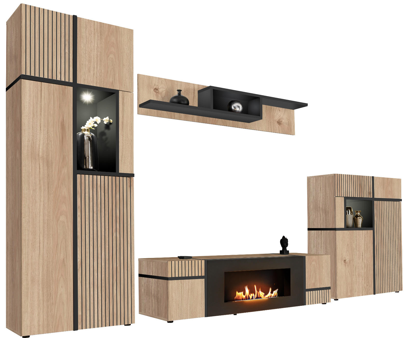 WOHNWAND Eiche Hickory, schwarz 340 cm, Schrankwand mit Kamin, inkl. LED-Beleuchtung - Eichefarben/Schwarz, Glas/Holzwerkstoff (340/197/50cm) - Inn.Furn