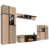 WOHNWAND Eiche Hickory, schwarz 340 cm, Schrankwand mit Kamin, inkl. LED-Beleuchtung - Eichefarben/Schwarz, Glas/Holzwerkstoff (340/197/50cm) - Inn.Furn
