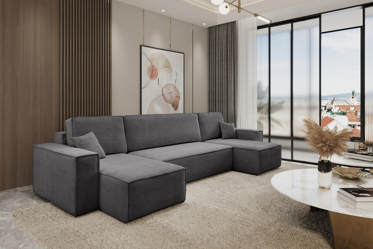 WOHNLANDSCHAFT Hugo U-Form Cordstoff mit Schlaffunktion und Bettkasten - Dunkelgrau, Textil (312/83/142cm) - VENASI MÖBEL