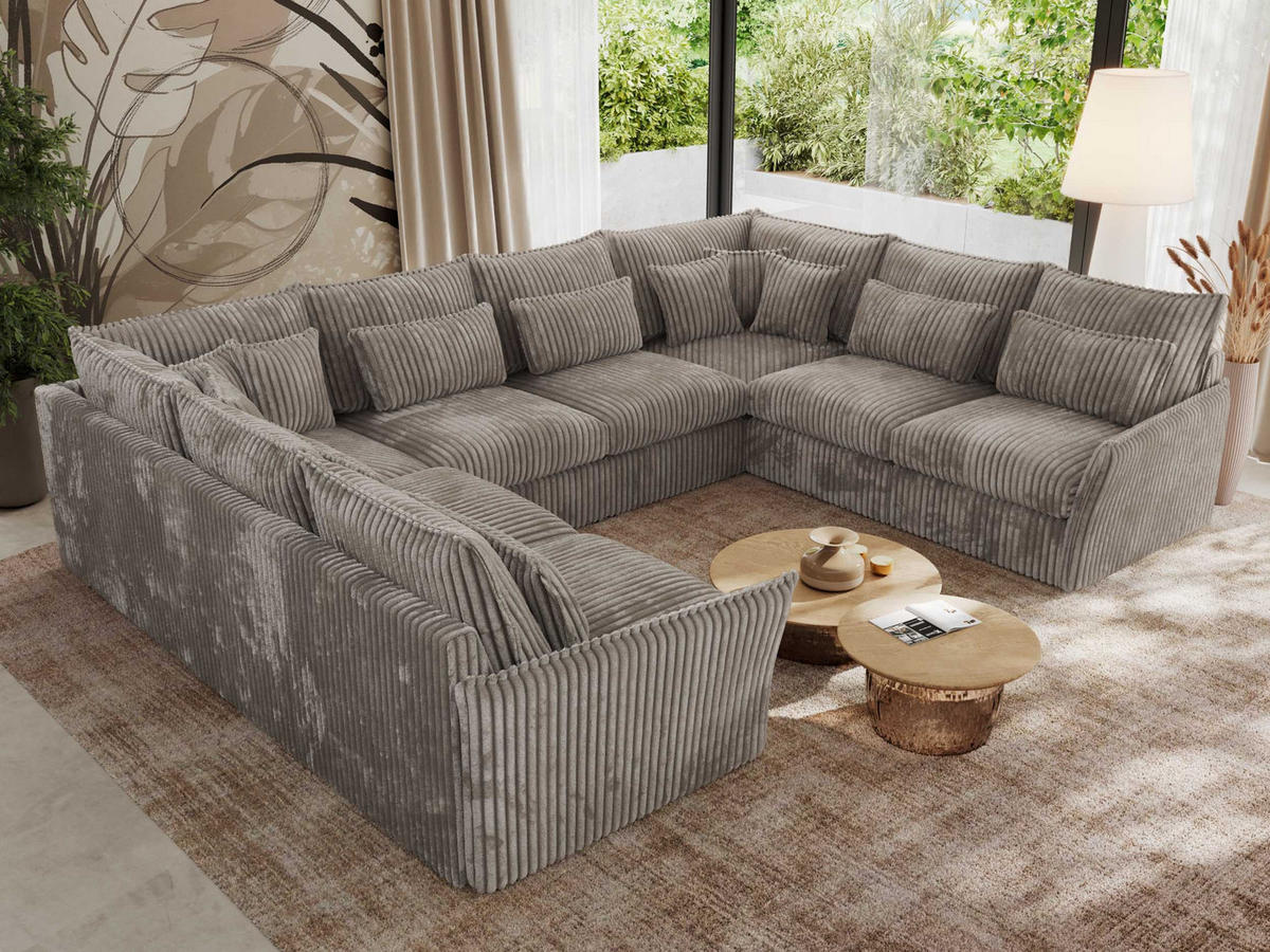 WOHNLANDSCHAFT VERSO U 8M Hellbraun Cord - Hellbraun/Schwarz, Kunststoff/Textil (362/93/270cm) - MKS