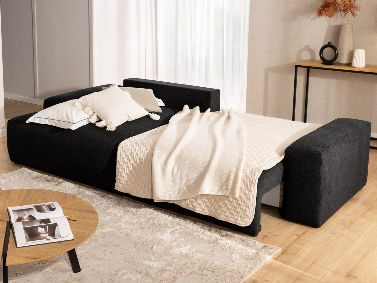 ECKSOFA Lennon aus Schwarz Strukturstoff mit Schlaffunktion und Bettkasten - Schwarz, Holz/Kunststoff (137/264cm) - S-Style