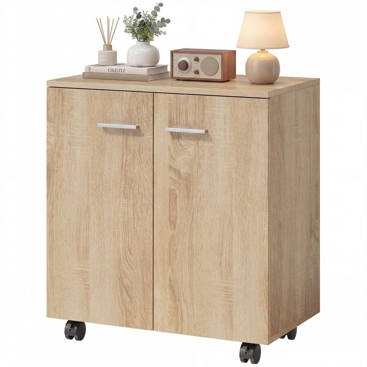 SIDEBOARD Naturfarben, 2 Türen, auf Rollen, 60/35/65 cm - Naturfarben, Holz (60/65/35cm) - PANGIVO