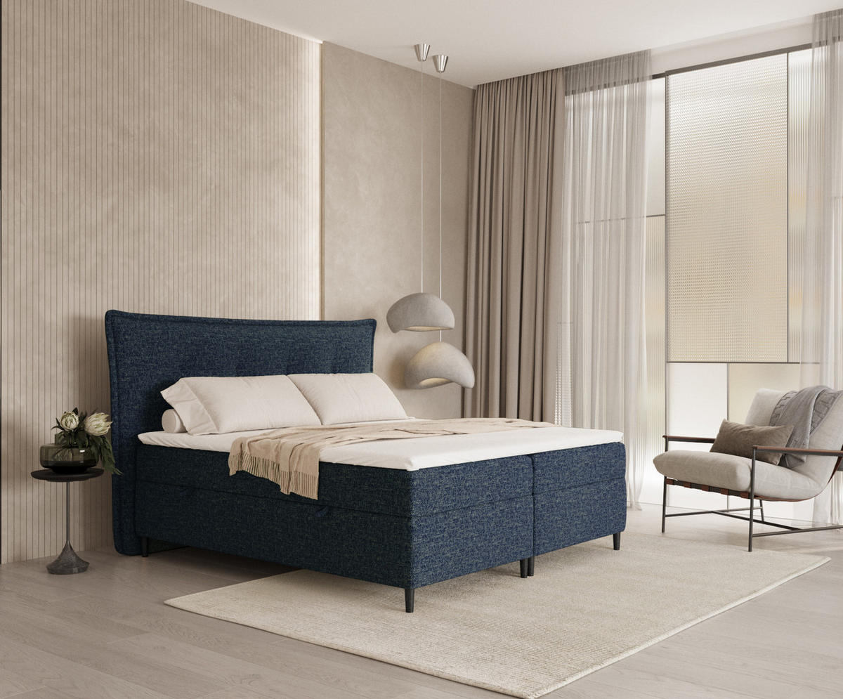 BOXBETT Sinai Marineblau 140/200 cm mit Taschenmatratze und Topper - Schwarz/Dunkelblau, Holz/Holzwerkstoff (140/200cm) - Maison de Reve