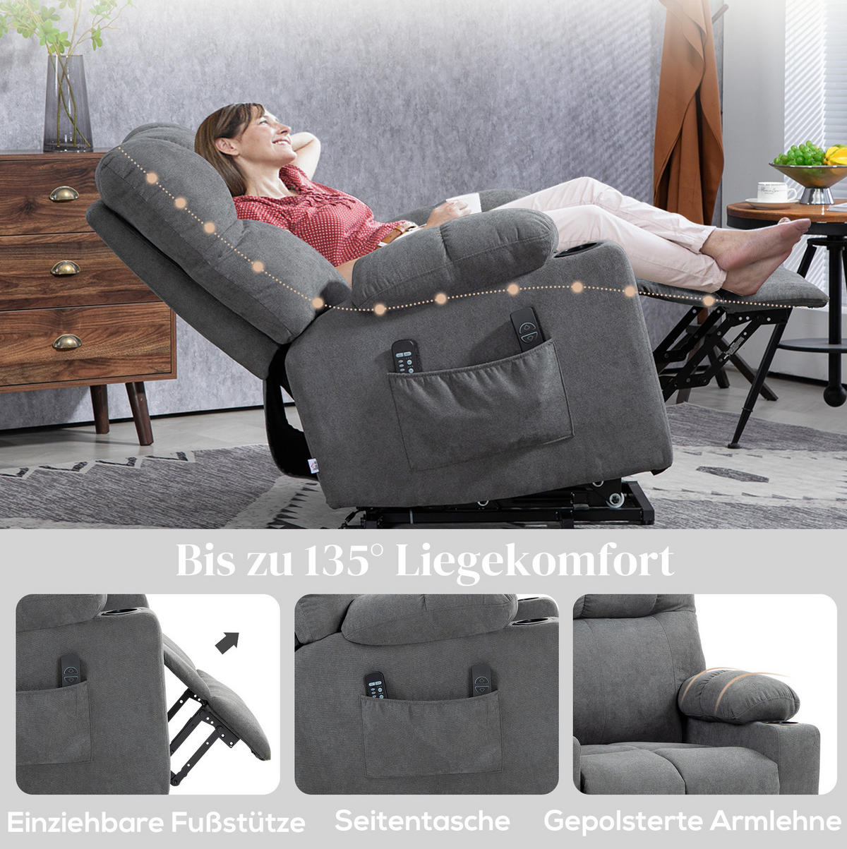 FERNSEHSESSEL in Grau 95x91x109 cm mit Aufstehhilfe, Massage und Wärmefunktion - Grau, Textil (91/109/95cm) - IVMEU