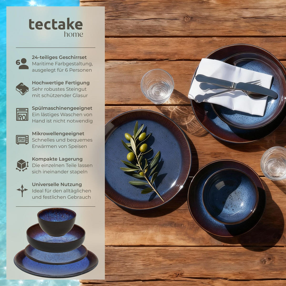 TAFELSERVICE Mare, ineinander stapelbar, blau/braun - Blau, Keramik (26.5/2.5/26.5cm) - tectake