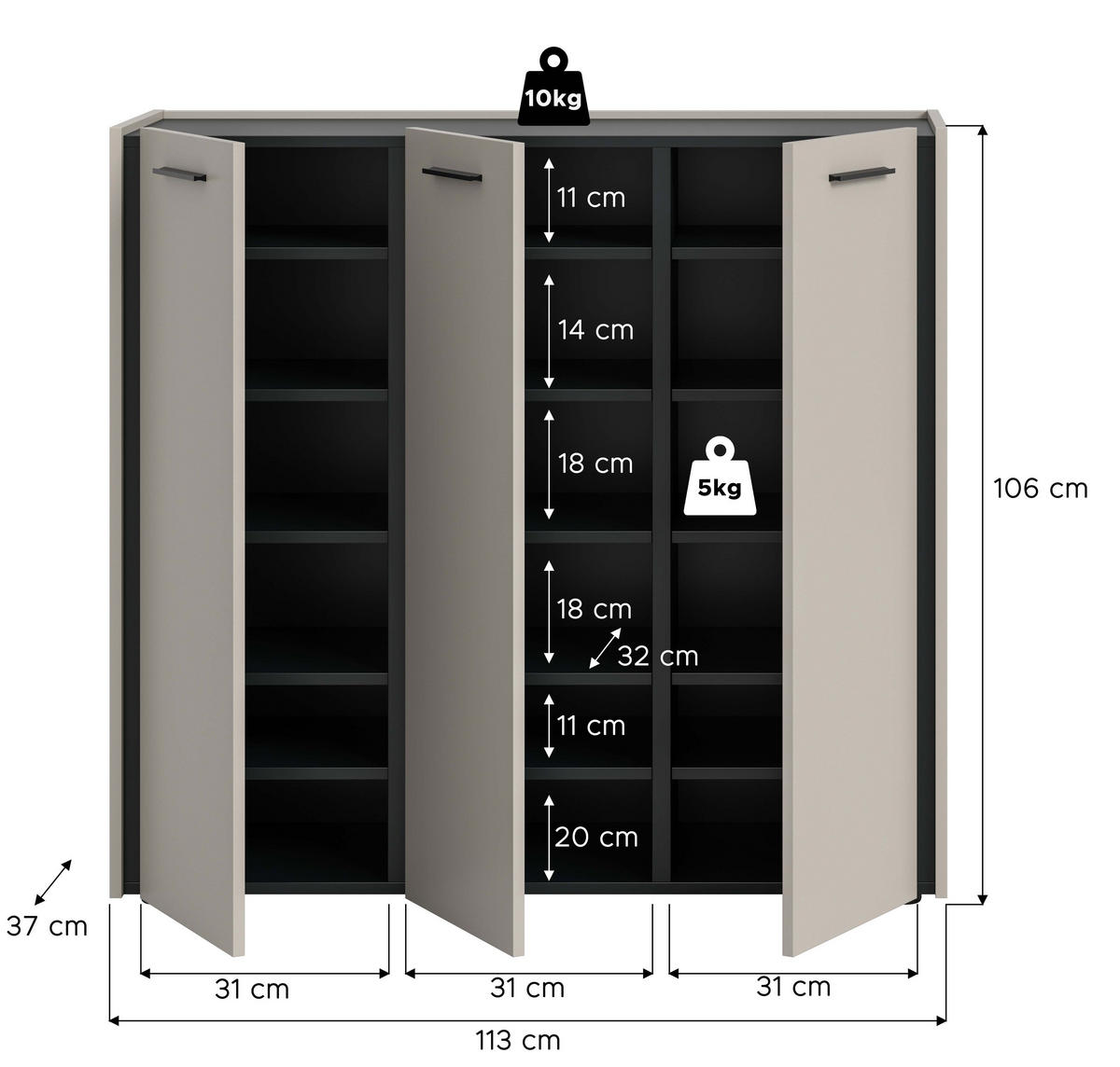 SCHUHKOMMODE EMIL (B/H/T: ca. 113/106/37 cm) in Kaschmir/Kaschmir - Sandfarben, Holzwerkstoff (113/106/37cm)