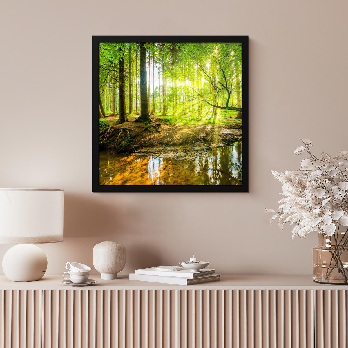 POSTER MIT RAHMENGERAHMTES BILD Wald - Landschaft - Wasser - Bäume - Sonne - Grün - Natur 40x40 cm - Grün, Papier (40/40cm) - MuchoWow