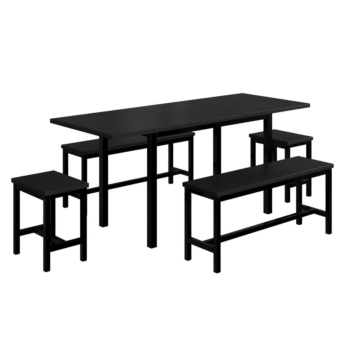TISCHSET Ausziehbar mit mit 2 Bänken und 2 Hockern - Schwarz, Holzwerkstoff/Metall (70/75/160cm) - Urban Meuble