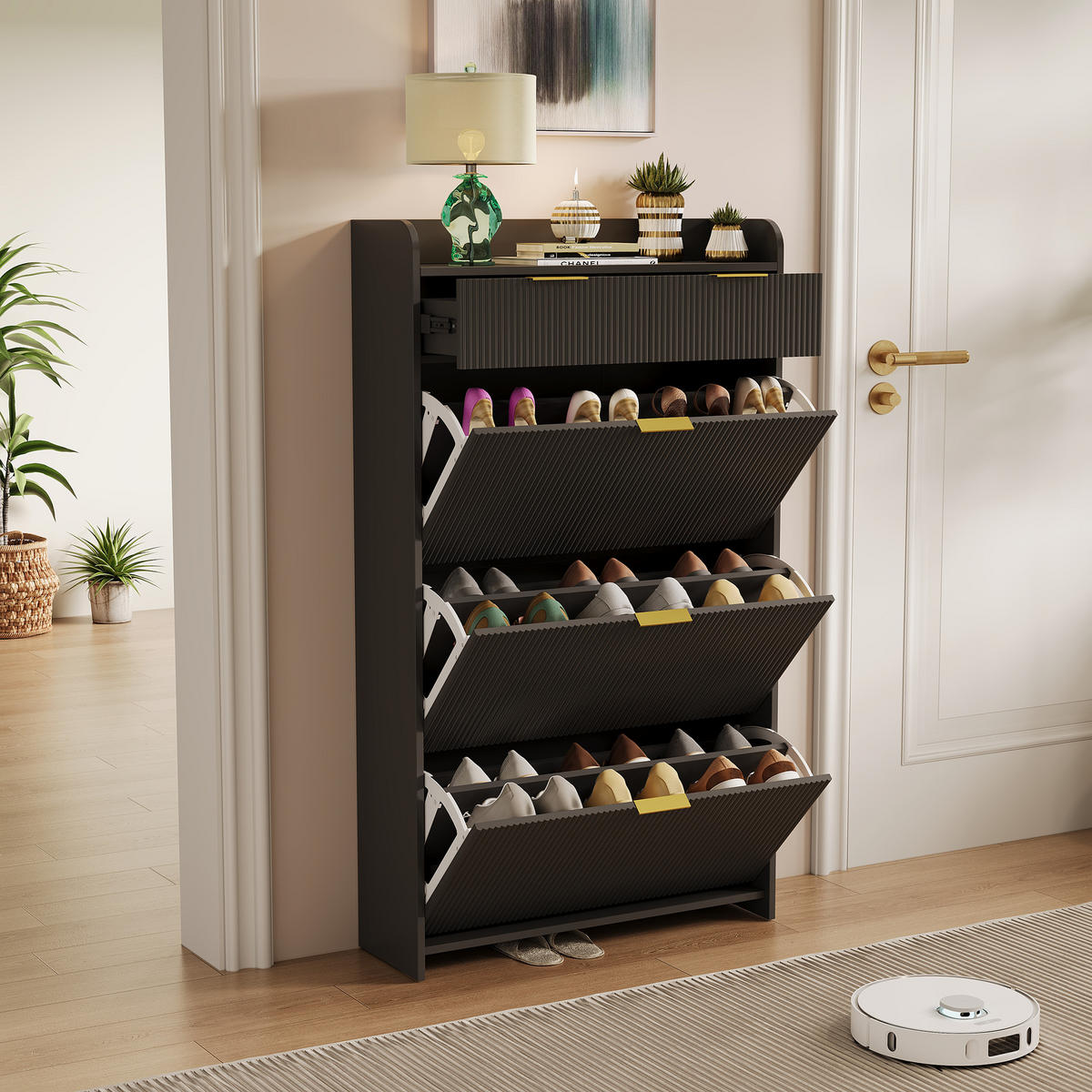 SCHUHSCHRANK Schwarz modern mit oberer Ablage & Schublade - Schwarz, Holzwerkstoff (24.2/133.5/77.1cm) - SHOPENTRA
