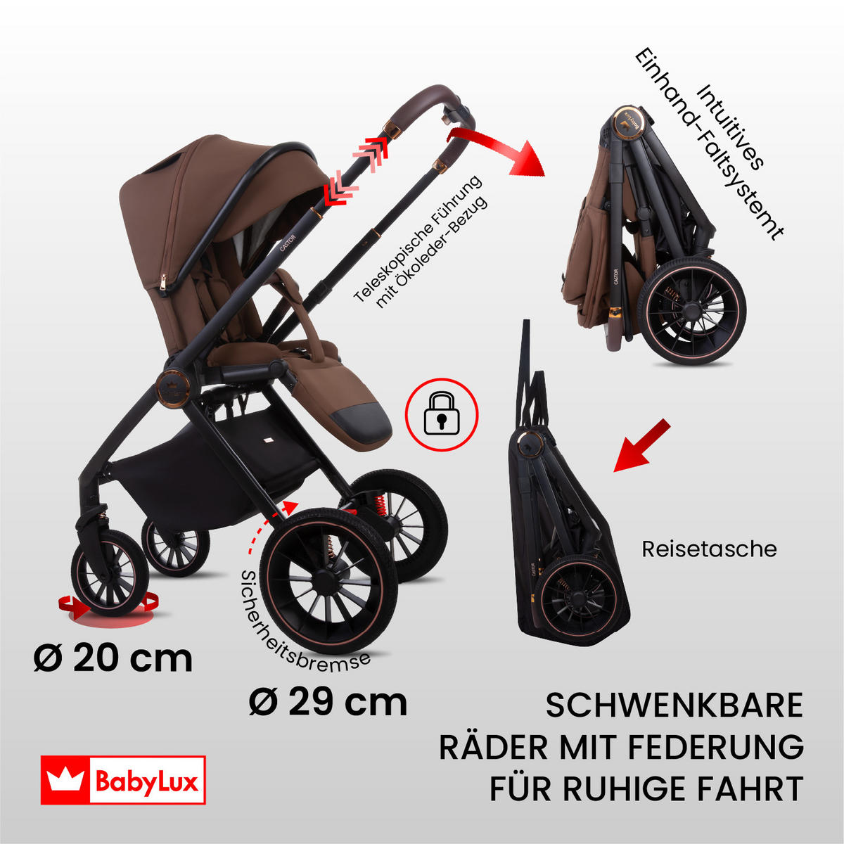 KINDERWAGEN Castor 4in1 Brownie Babywanne, Reisebuggy, Autositz, Isofix Basis - Schwarz/Braun, Textil/Metall (58/98cm) - BabyLux