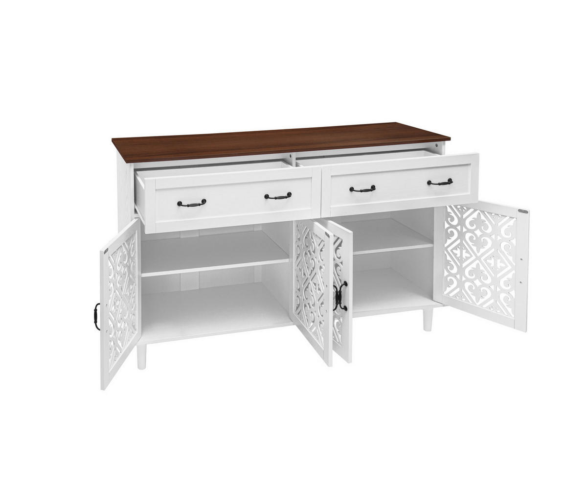 SIDEBOARD aus Spanplatte und Massivholz 150x40x93 cm Weiß mit 4 Türen, 2 Schubladen, verstellbaren Einlegeböden und Vintage-Front - Weiß, Holzwerkstoff (150/90.3/40cm) - Modfu