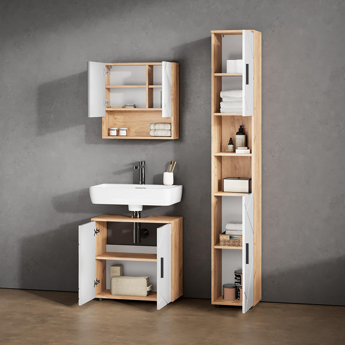 BADMÖBEL-SET Ronco Weiß Hochglanz/Goldkraft Eiche 2 Teile, Unterschrank 60 cm - Weiß Hochglanz/Eiche Wotan, Holzwerkstoff (60/59/30cm) - Livinity®