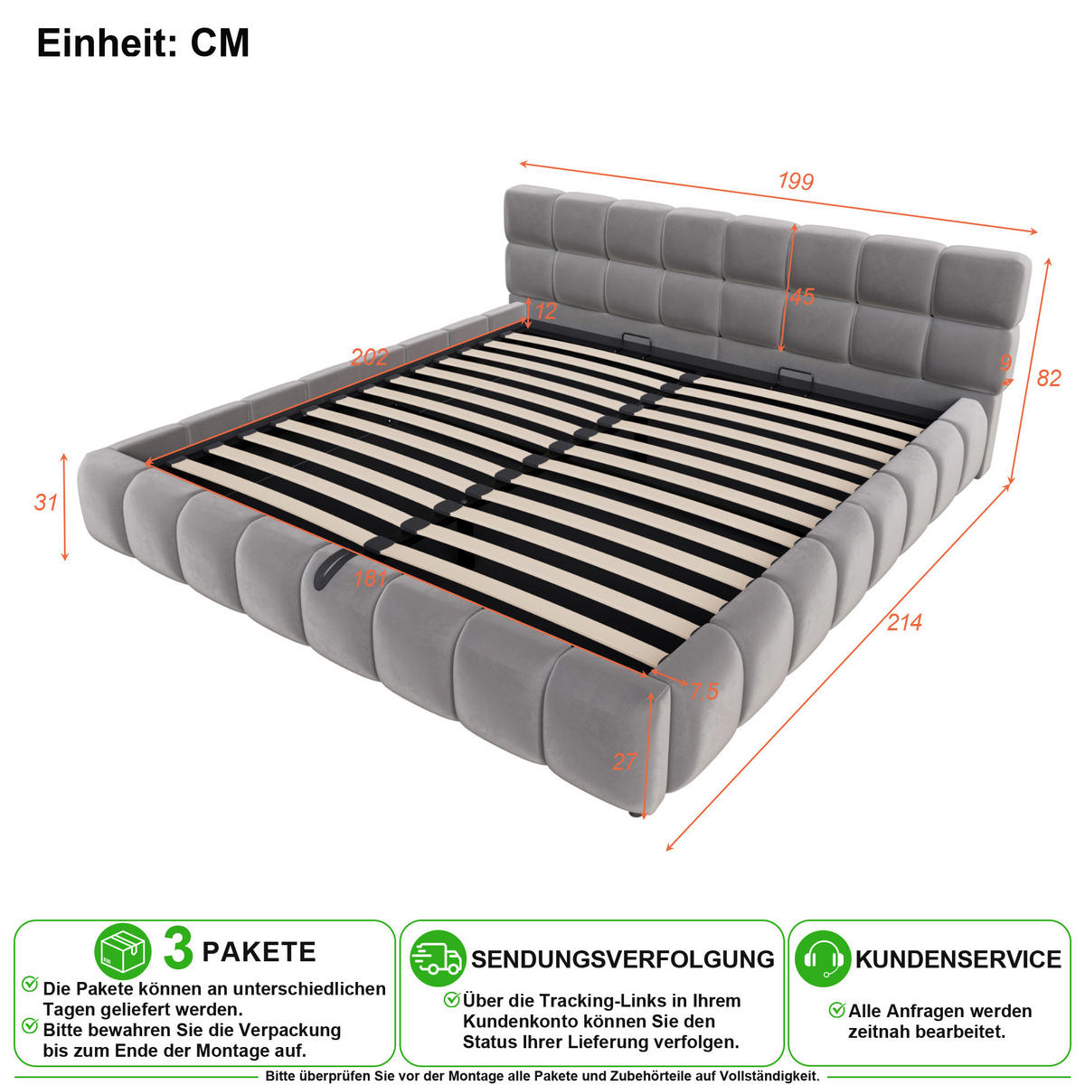 POLSTERBETT 180/200 cm in Grau mit Bettkasten und LED aus Samt - Grau, Holzwerkstoff/Textil (180/200cm) - CHICFURN