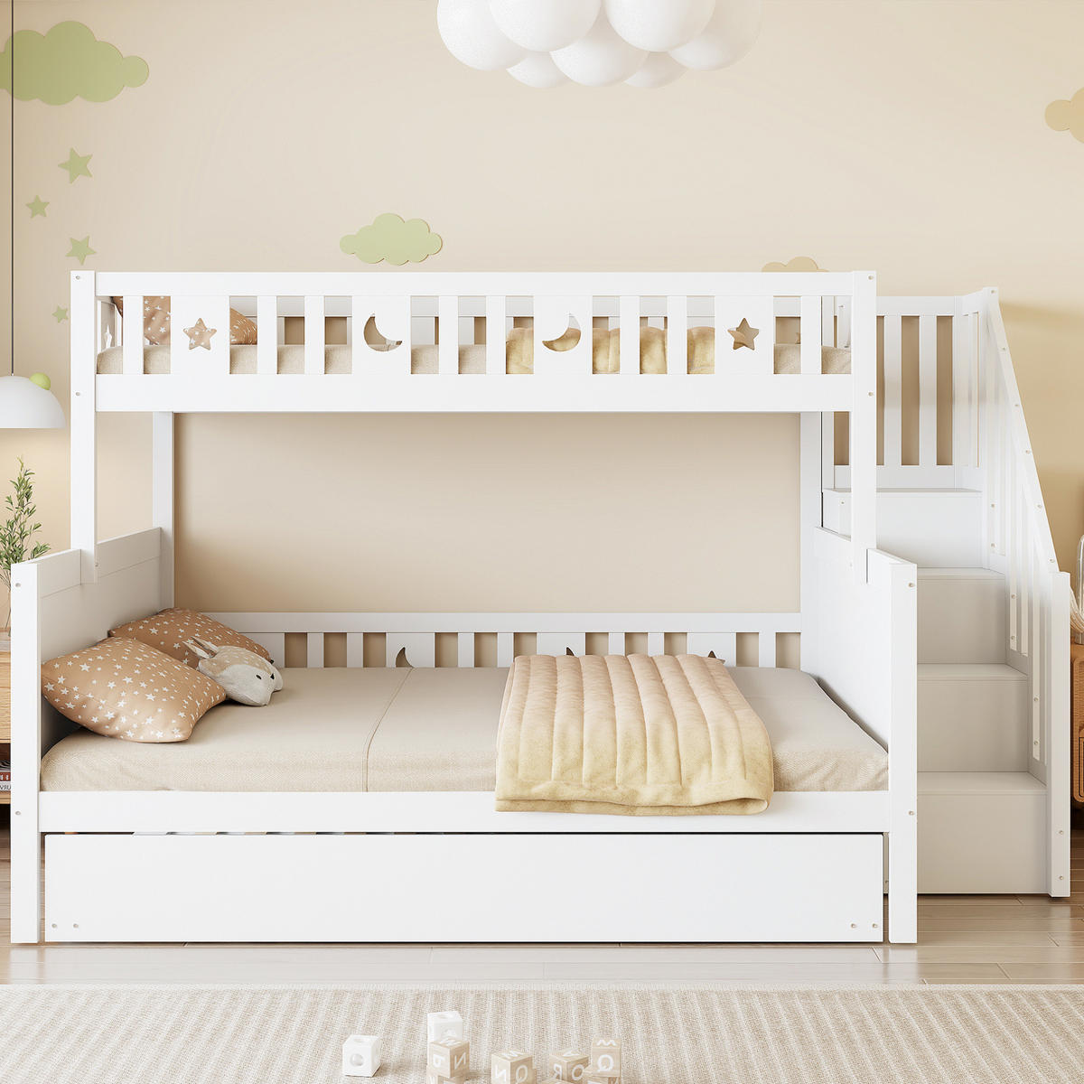 ETAGENBETT 90/200 & 140/200 cm aus Massivholz mit Stauraum und Ausziehbett - Weiß, Holz (90/200cm) - Flora Grace