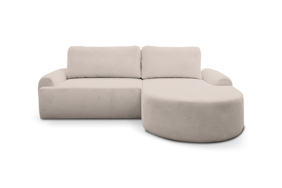 ECKSOFA Dream Cord in L-Form mit Schlaffunktion und Bettkasten, Farbe: Beige, Cordstoff, Ottomane Rechts - Beige, Textil (260/136cm) - VENASI MÖBEL