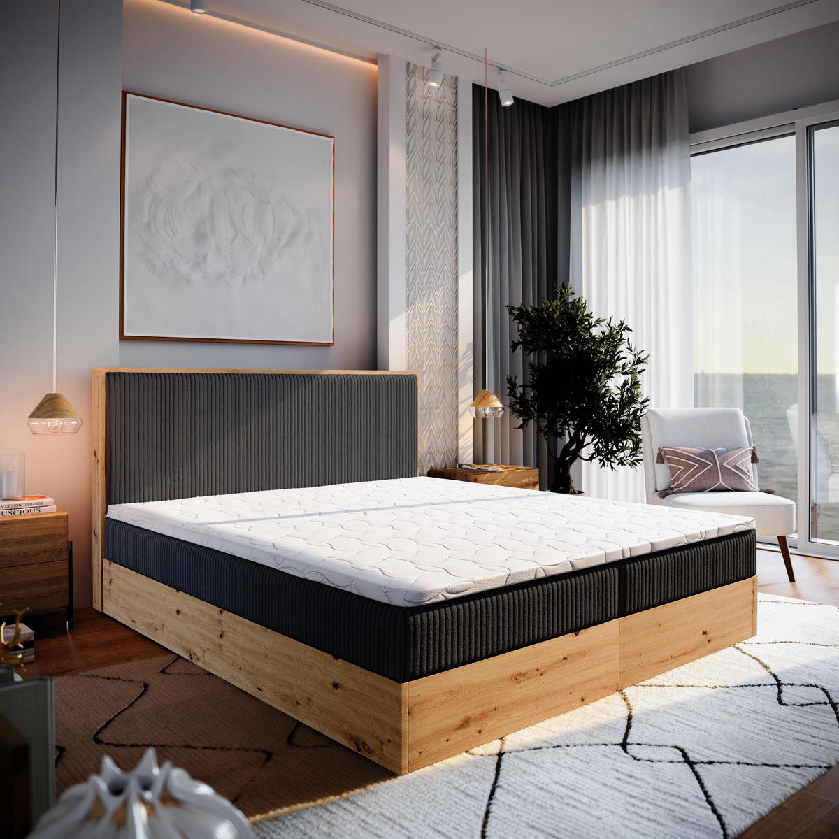 BOXBETT VERDON 160x200 cm mit Matratze und Topper - Schwarz - Schwarz, Holz (160/200cm) - MASSENO