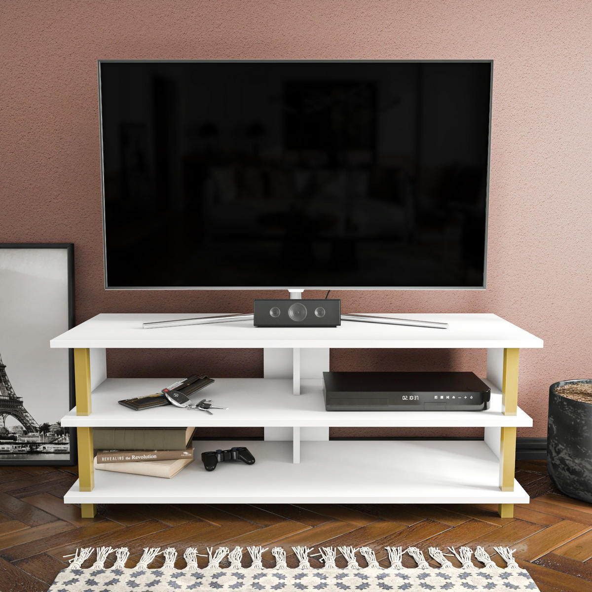TV Board Pueblo Gold-Weiß - Goldfarben/Weiß, Holzwerkstoff (120/47/45cm) - Decorotika