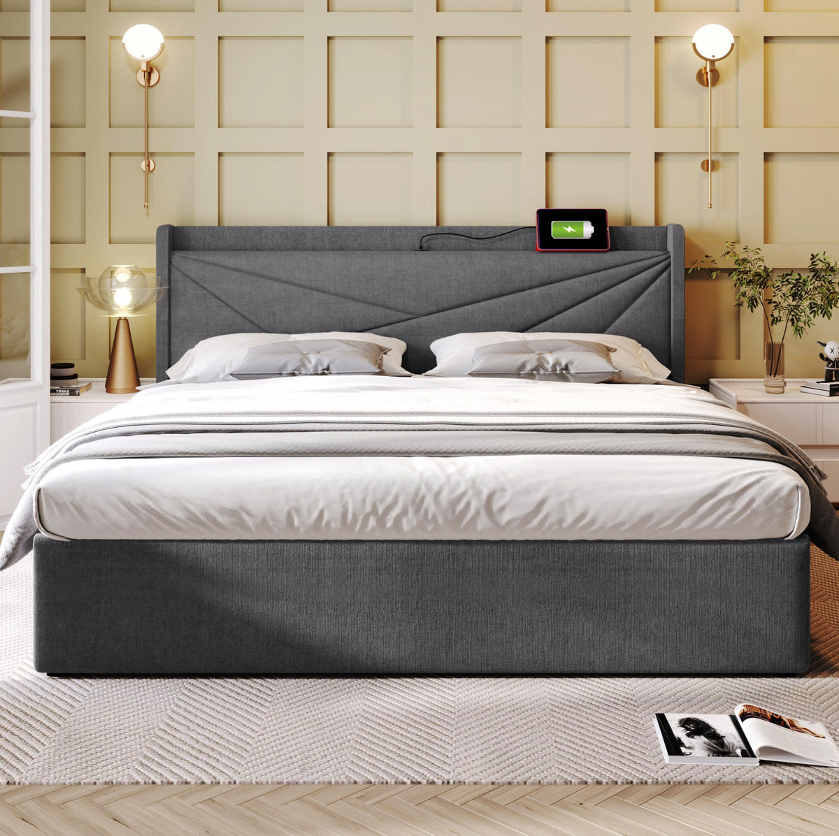 ČALÚNENÁ posteľ 166/208/107 cm sivá z bavlneného ľanu s USB-C a úložným priestorom - sivá, textil (160/200cm) - BEAOK