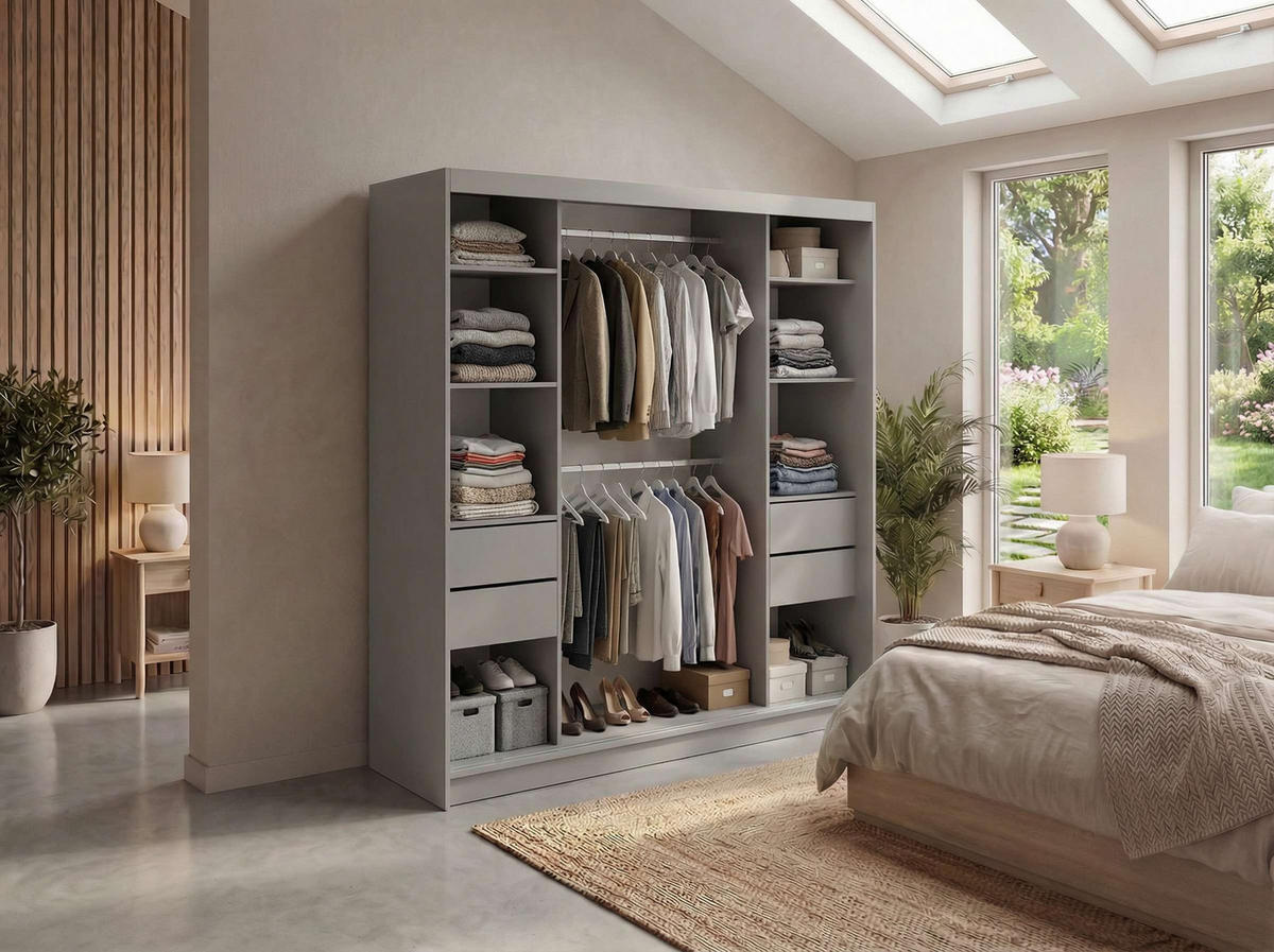 SCHWEBETÜRENSCHRANK mit Spiegel und Schubladen - WALENCJA - 200 - Grau lacobel - Alufarben/Grau, Holzwerkstoff/Metall (200/216/61cm) - MKS