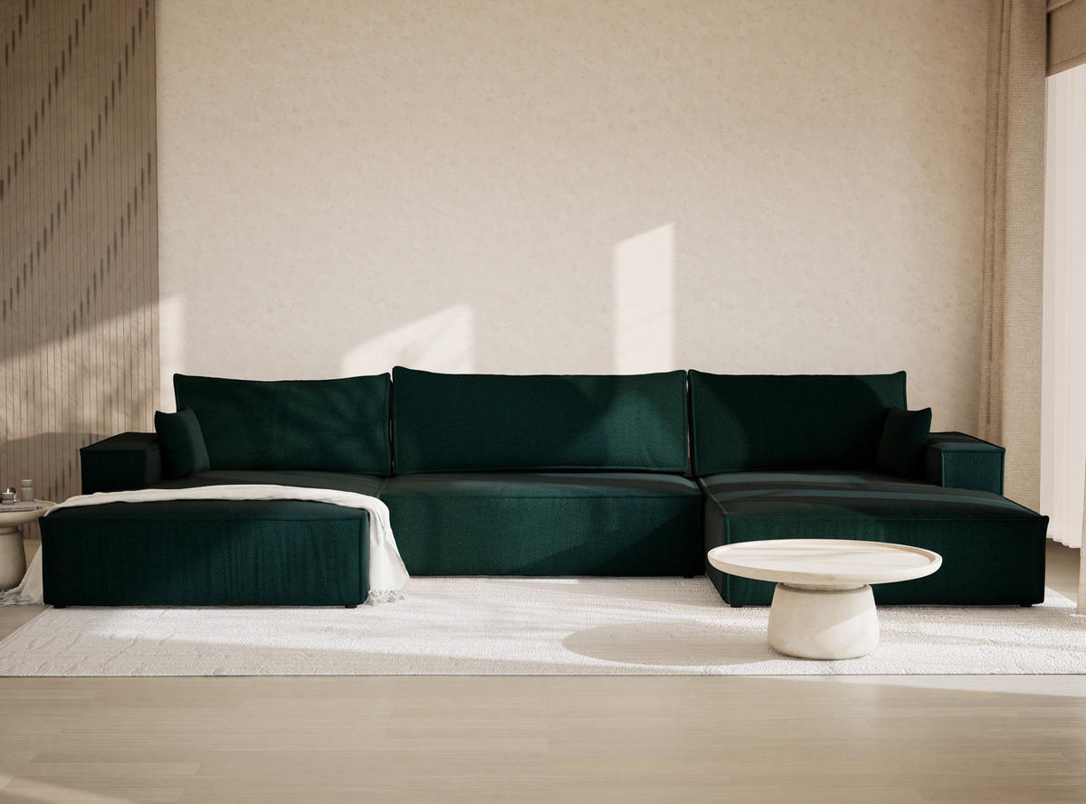 WOHNLANDSCHAFT Kyoto Grün Webstoff - Schwarz/Grün, Holz/Holzwerkstoff (398/70/148cm) - Maison de Reve