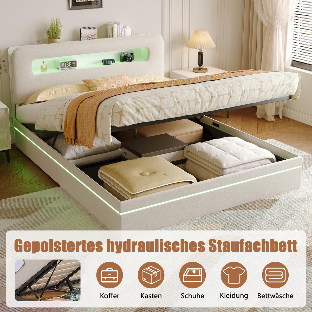 STAURAUMBETT 140x200 cm, Polsterbett mit Stauraum Kopfteil, LED-Beleuchtung - Beige, Holz (140/200cm) - PARAFTA HOME