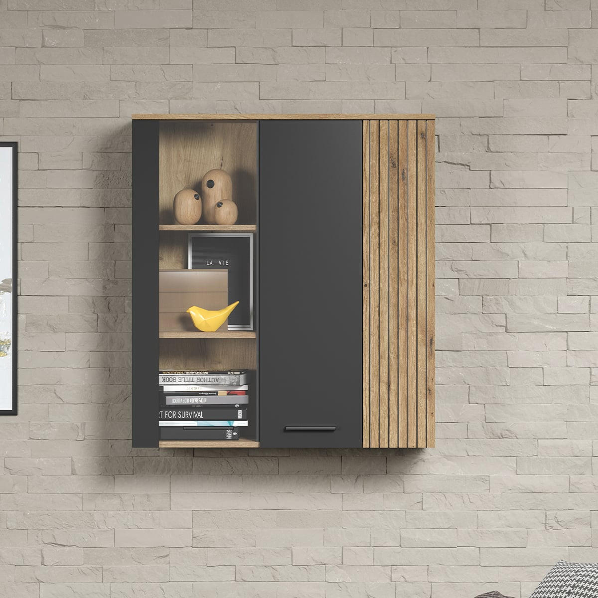 Hängeschrank mit Glastür, 2 Türen davon eine mit gehärtetem Glas L90 cm – Esteban - Anthrazit, Holzwerkstoff (90/99/34cm) - Trendteam